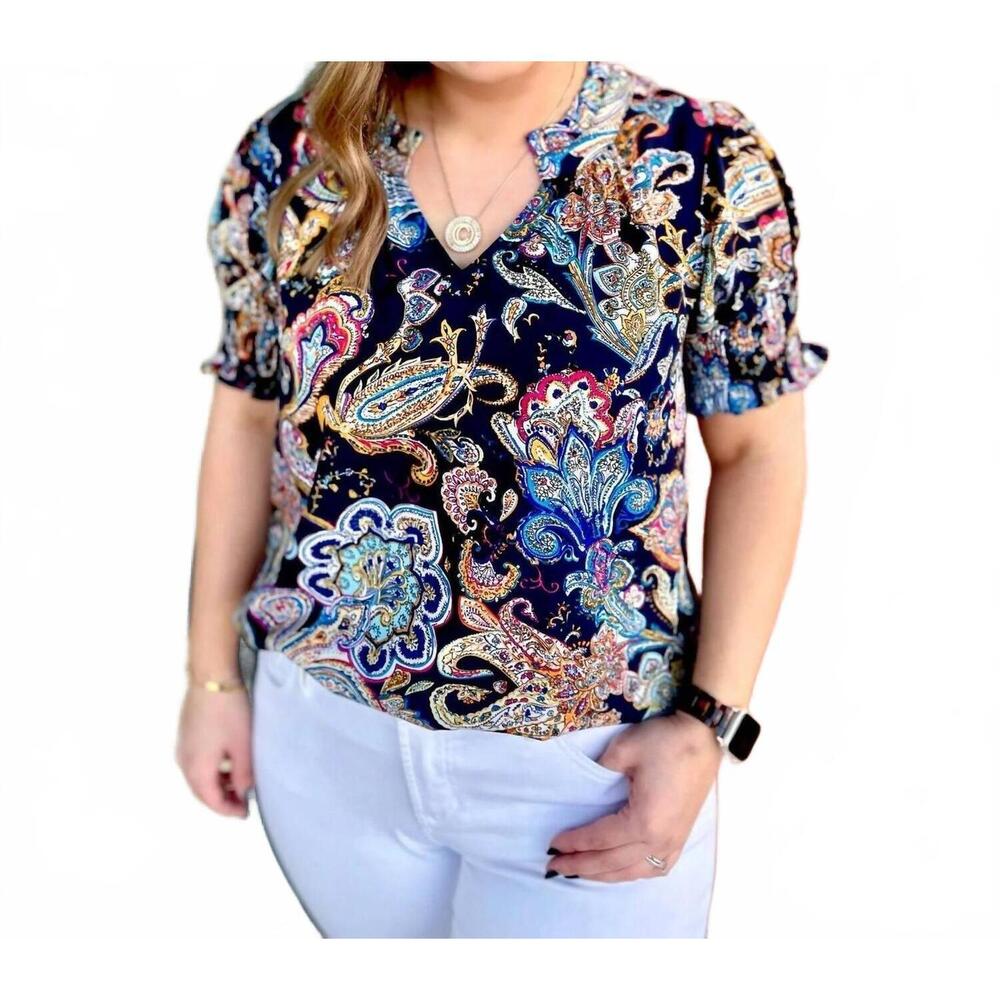 NEW WASHCO paisley short sleeve blouse in blue multi